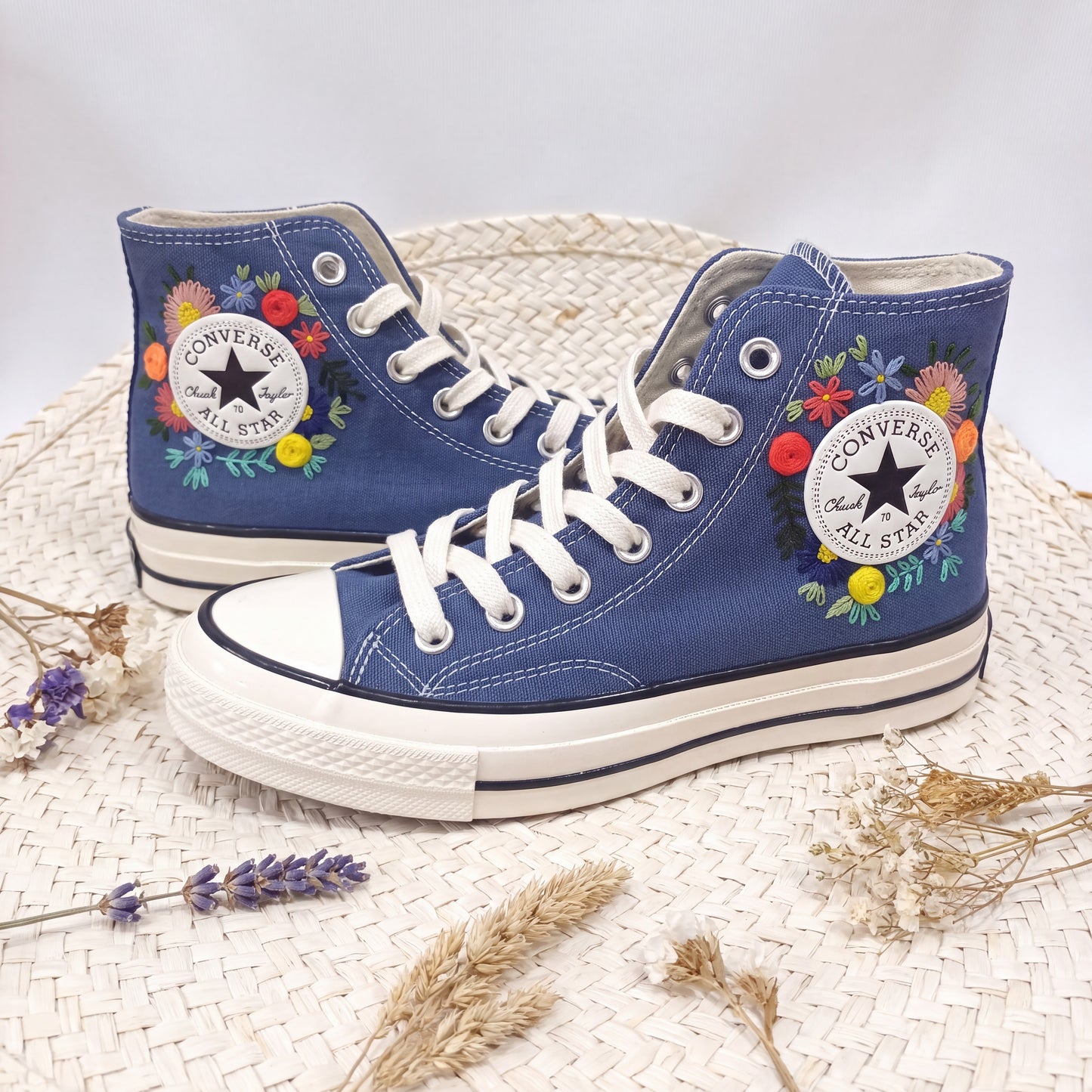 Hand Embroidered Floral Converse High Top Sneakers | Custom Blue Floral Converse Shoes