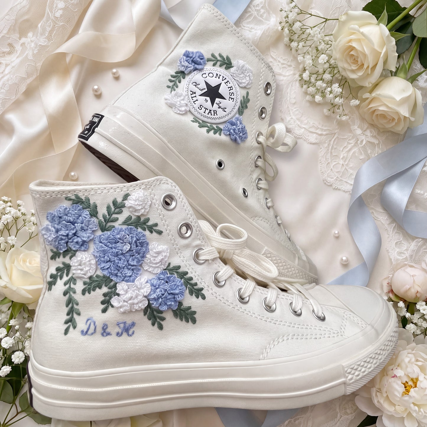 Hand Embroidered Bridal Converse Shoes | Custom Blue Hydrangea Wedding Sneakers | Personalized White Converse Gift for Bride