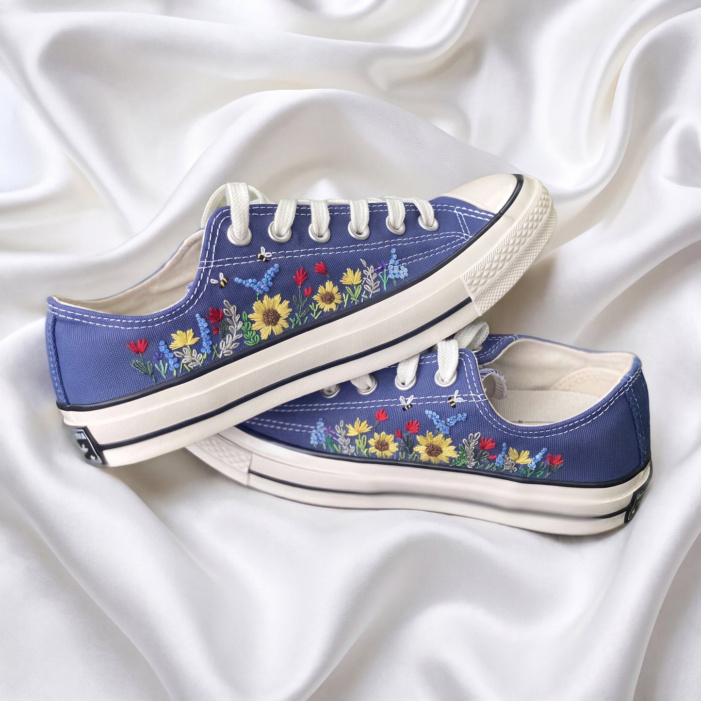 Hand Embroidered Blue Low Top Converse Sneakers | Sunflower Wildflower Canvas Shoes | Custom Botanical Sneakers for Women