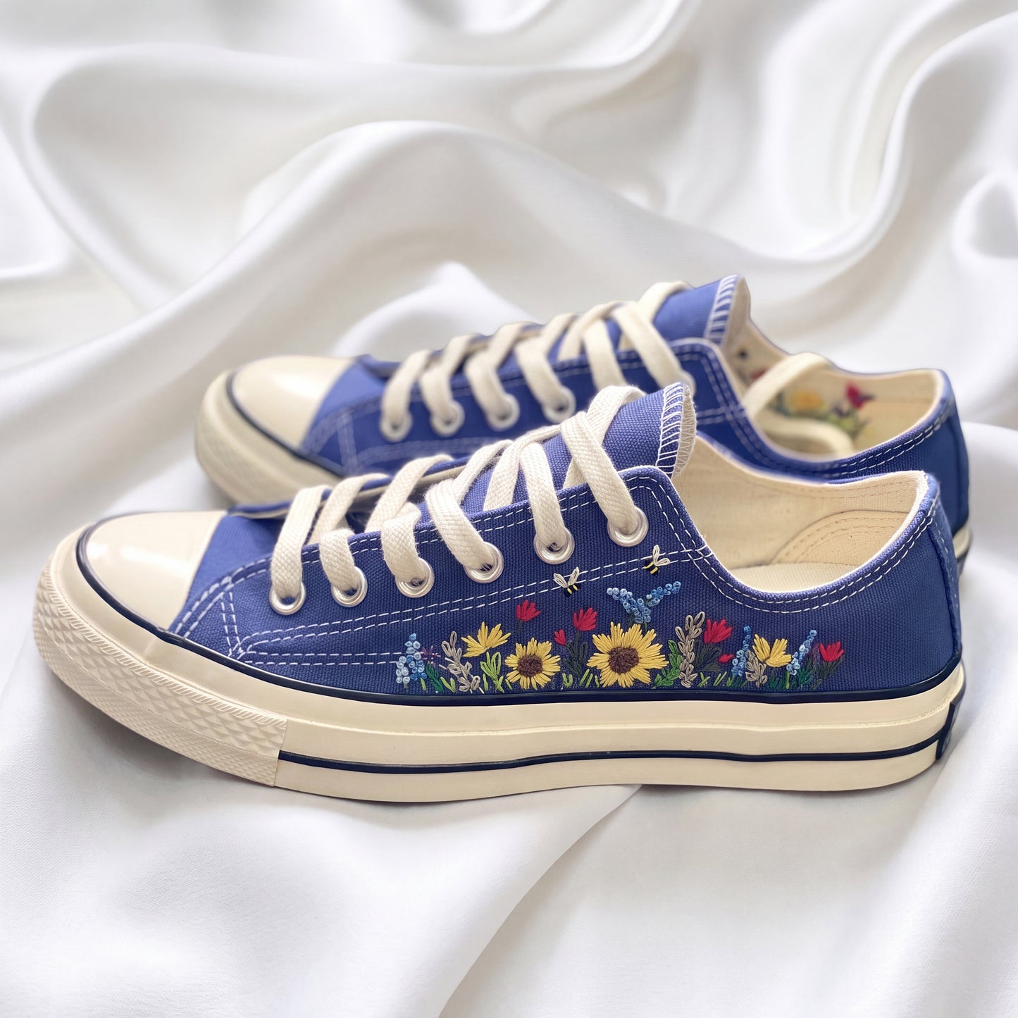 Hand Embroidered Blue Low Top Converse Sneakers | Sunflower Wildflower Canvas Shoes | Custom Botanical Sneakers for Women