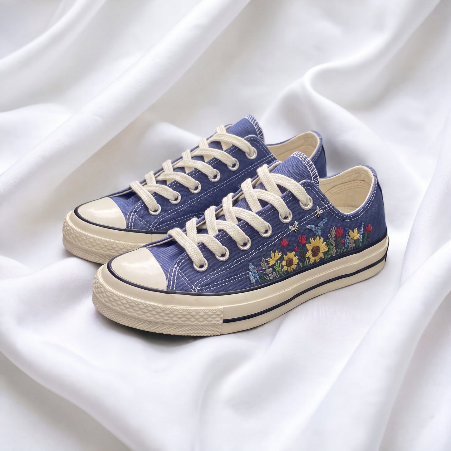 Hand Embroidered Blue Low Top Converse Sneakers | Sunflower Wildflower Canvas Shoes | Custom Botanical Sneakers for Women