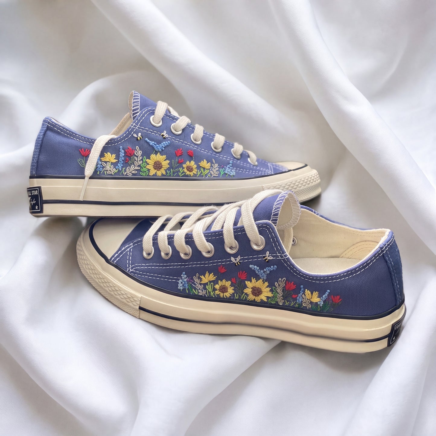 Hand Embroidered Blue Low Top Converse Sneakers | Sunflower Wildflower Canvas Shoes | Custom Botanical Sneakers for Women