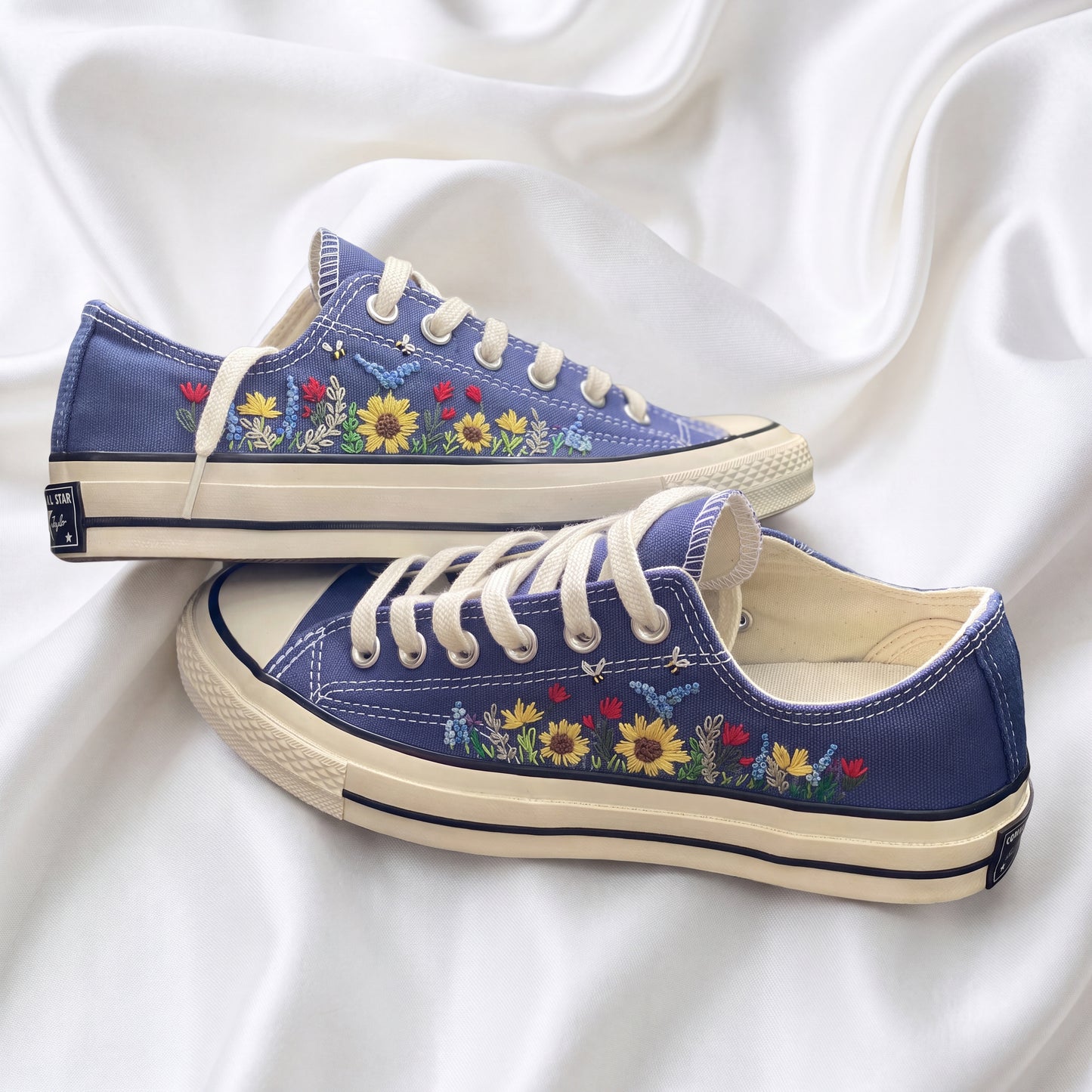 Hand Embroidered Blue Low Top Converse Sneakers | Sunflower Wildflower Canvas Shoes | Custom Botanical Sneakers for Women