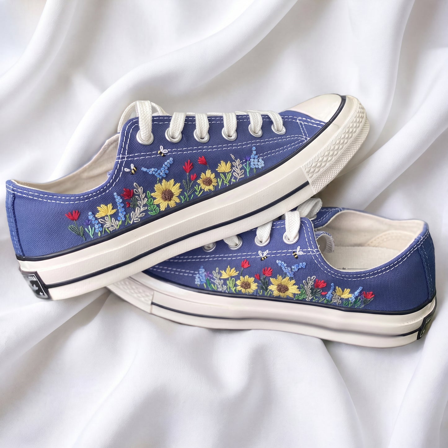 Hand Embroidered Blue Low Top Converse Sneakers | Sunflower Wildflower Canvas Shoes | Custom Botanical Sneakers for Women