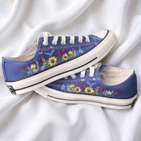 Hand Embroidered Blue Low Top Converse Sneakers | Sunflower Wildflower Canvas Shoes | Custom Botanical Sneakers for Women