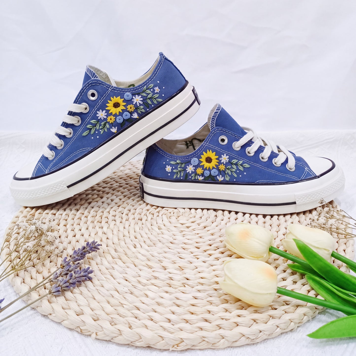 Hand Embroidered Blue Sunflower Converse Shoes | Floral Low Top Canvas Sneakers | Handmade Daisy & Wildflower Shoes | Gift for Her