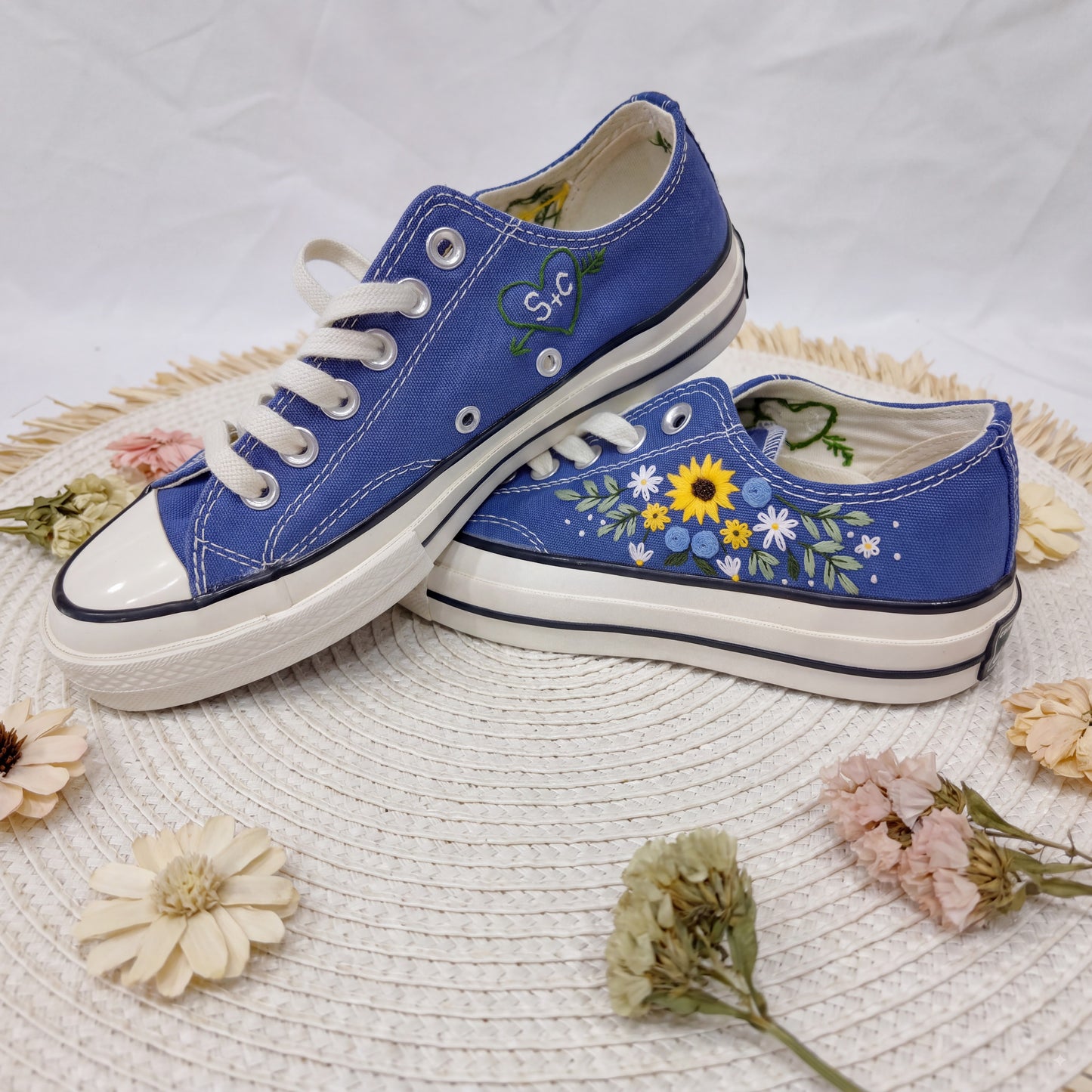 Hand Embroidered Blue Sunflower Converse Shoes | Floral Low Top Canvas Sneakers | Handmade Daisy & Wildflower Shoes | Gift for Her
