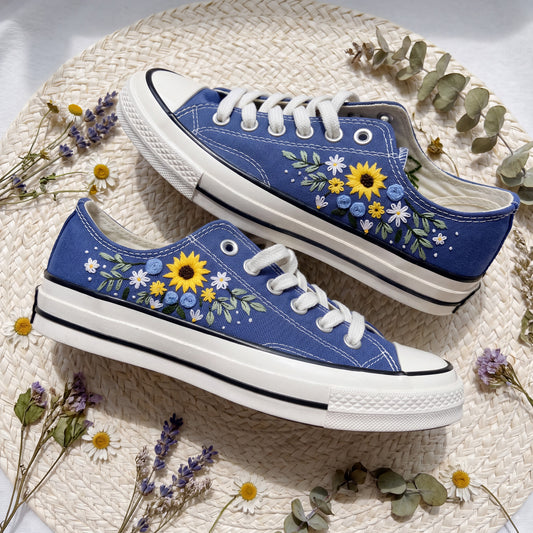 Hand Embroidered Blue Sunflower Converse Shoes | Floral Low Top Canvas Sneakers | Handmade Daisy & Wildflower Shoes | Gift for Her