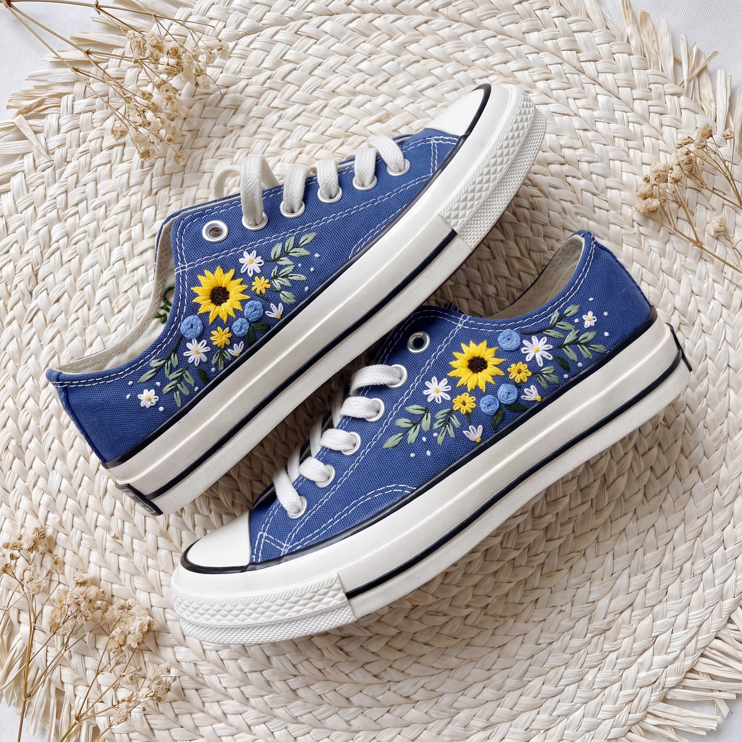 Hand Embroidered Blue Sunflower Converse Shoes | Floral Low Top Canvas Sneakers | Handmade Daisy & Wildflower Shoes | Gift for Her
