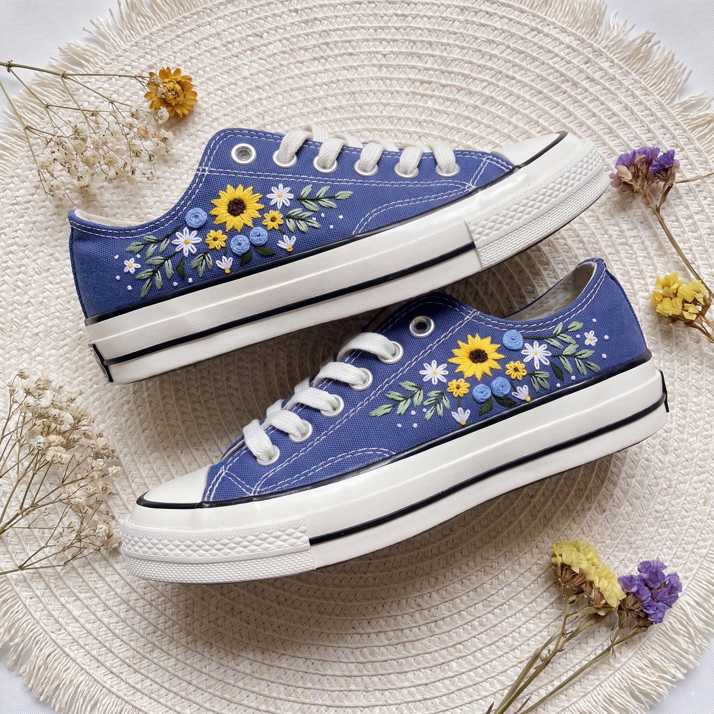 Hand Embroidered Blue Sunflower Converse Shoes | Floral Low Top Canvas Sneakers | Handmade Daisy & Wildflower Shoes | Gift for Her