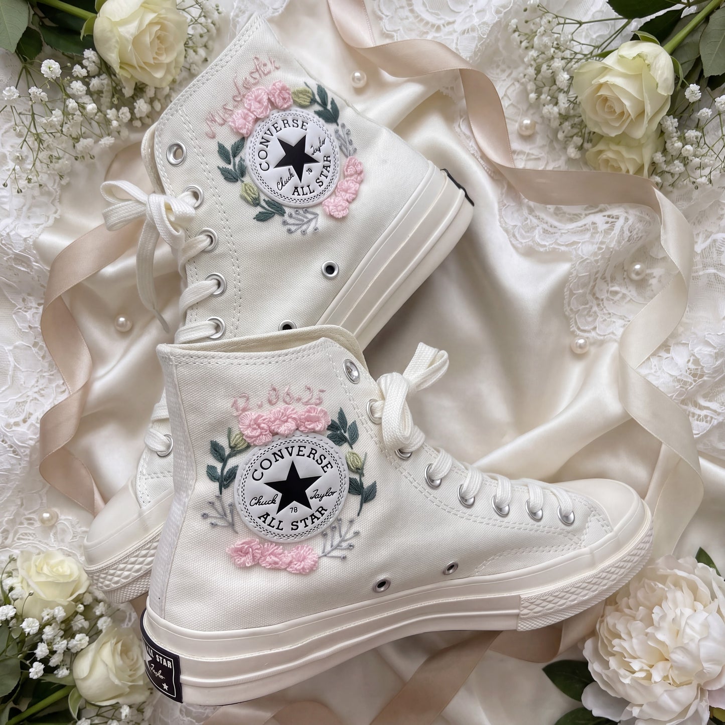 Hand Embroidered Bridal Converse Shoes | Custom Blush Pink Rose Wedding Sneakers | Personalized White Converse Gift for Bride