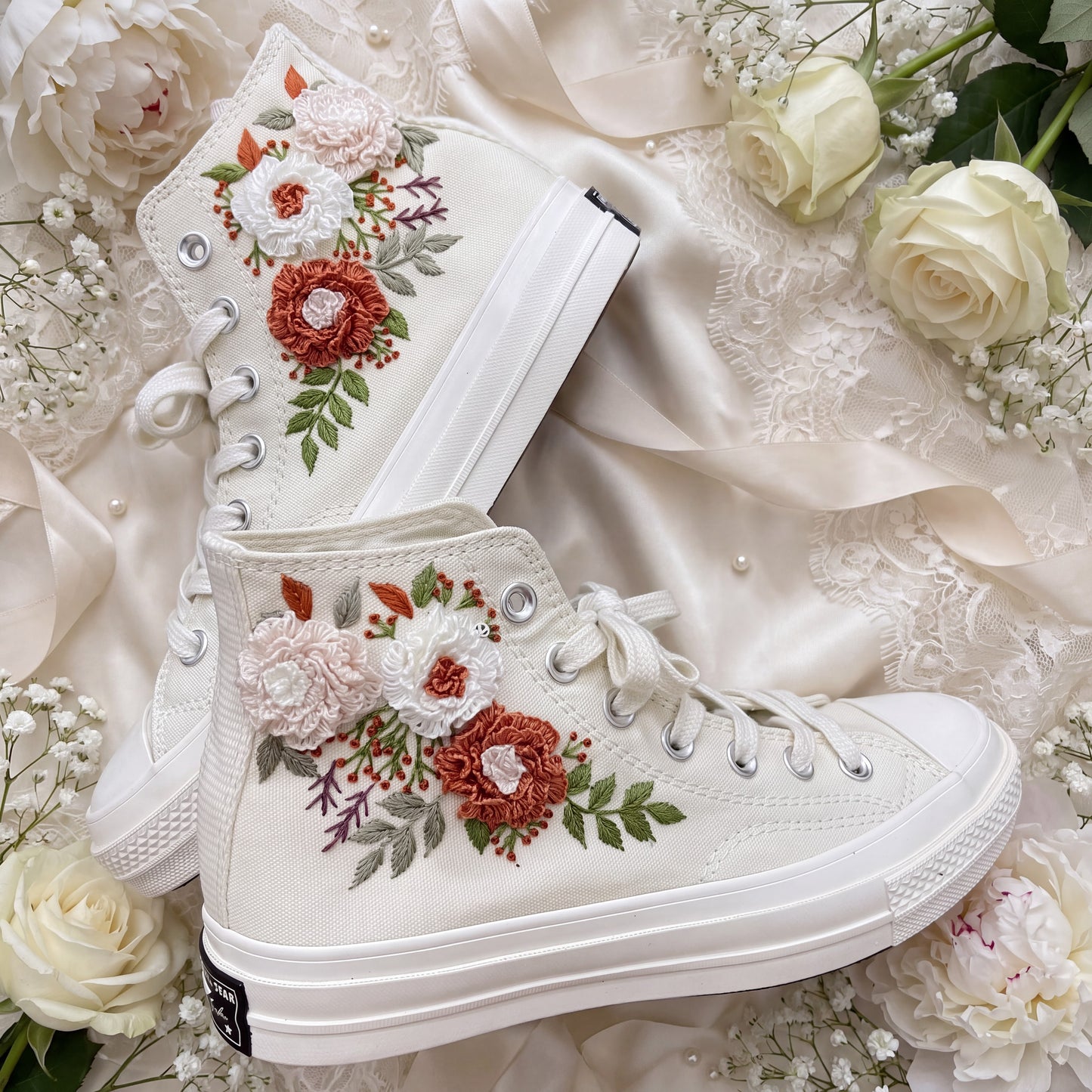 Hand Embroidered Bridal Converse Shoes | Custom Blush & Terracotta Floral Wedding Sneakers | Personalized White Converse Gift for Bride