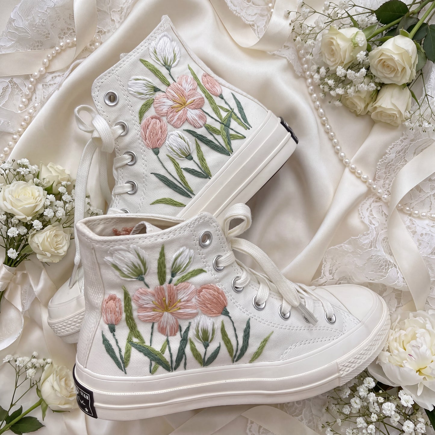 Hand Embroidered Bridal Converse Shoes | Custom Blush Wildflower Wedding Sneakers | Personalized White Converse Gift for Bride