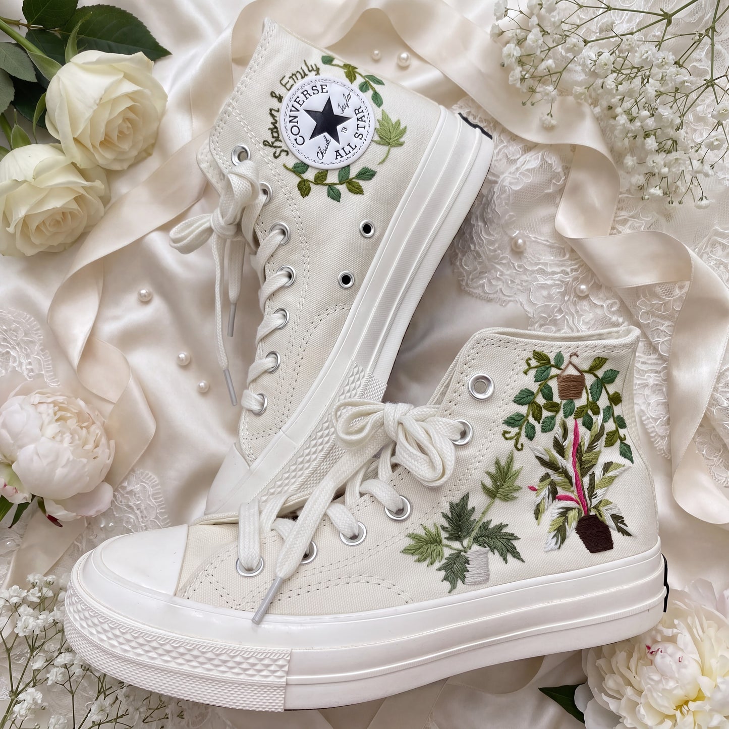 Hand Embroidered Botanical Bridal Converse Shoes | Custom Plant Lover Wedding Sneakers | Personalized White Converse Gift for Bride
