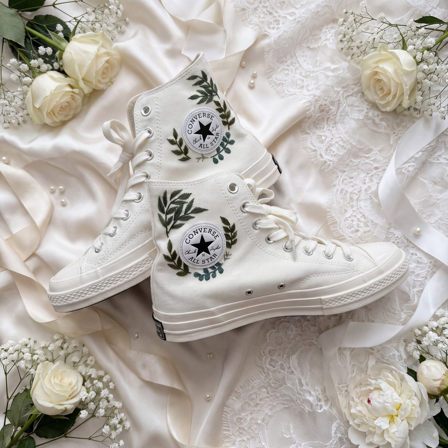 Hand Embroidered Bridal Converse Shoes | Custom Botanical Greenery Wedding Sneakers | Personalized White Converse Gift for Bride