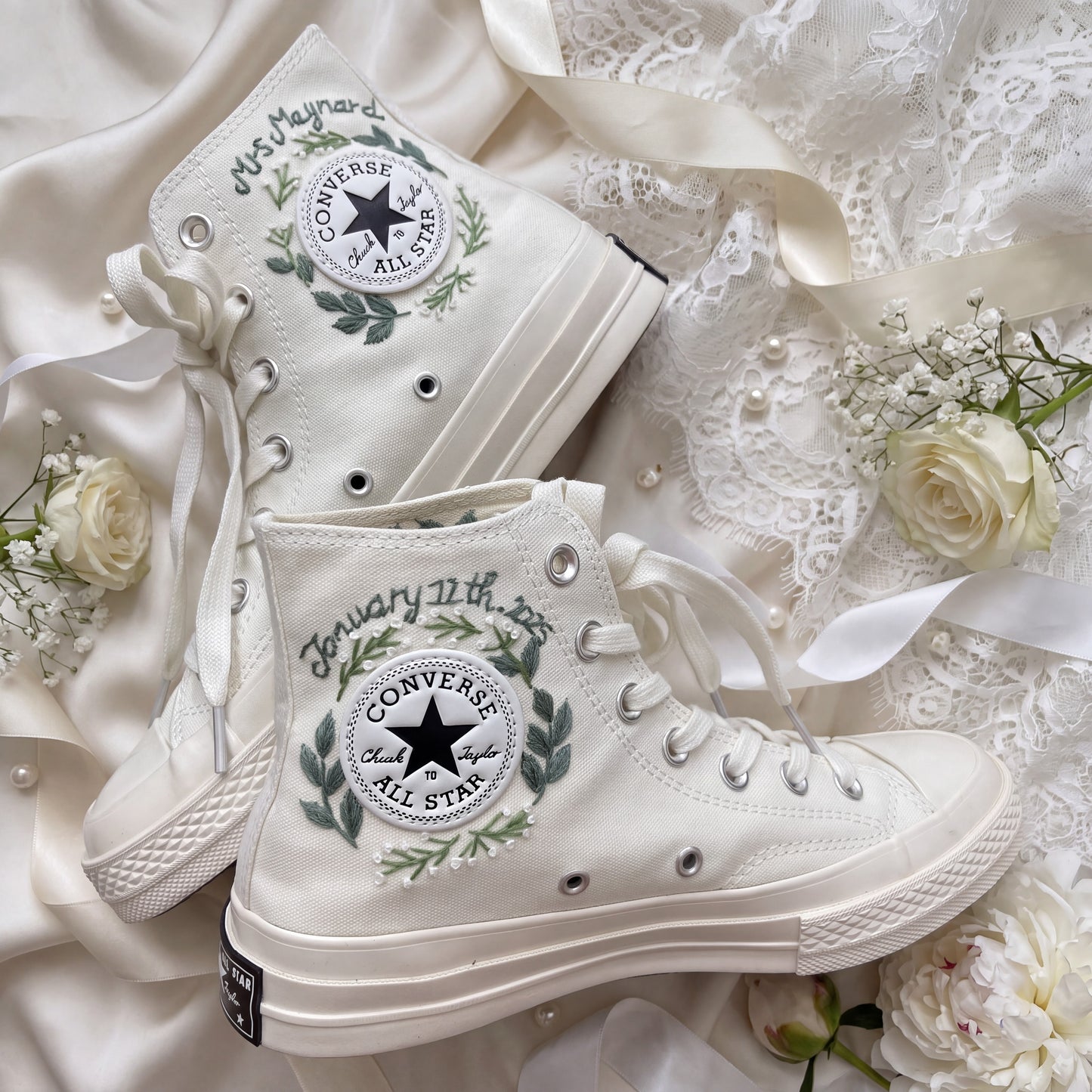 Hand Embroidered Bridal Converse Shoes | Custom Rose Floral Wedding Sneakers | Personalized White Converse Gift for Bride