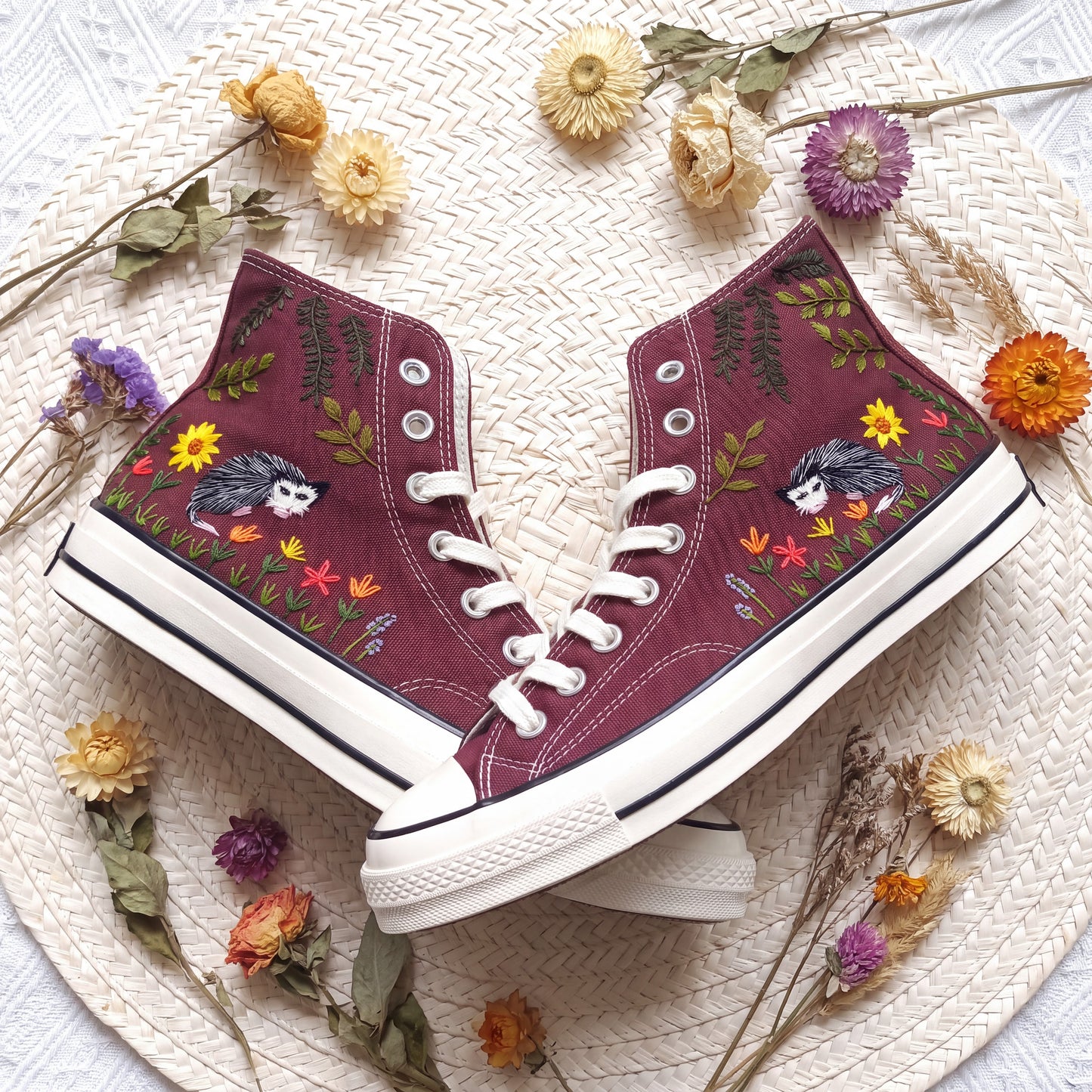 Hand Embroidered Opossum Converse High Top Sneakers | Custom Burgundy Woodland Converse Shoes | Personalized Nature Gift