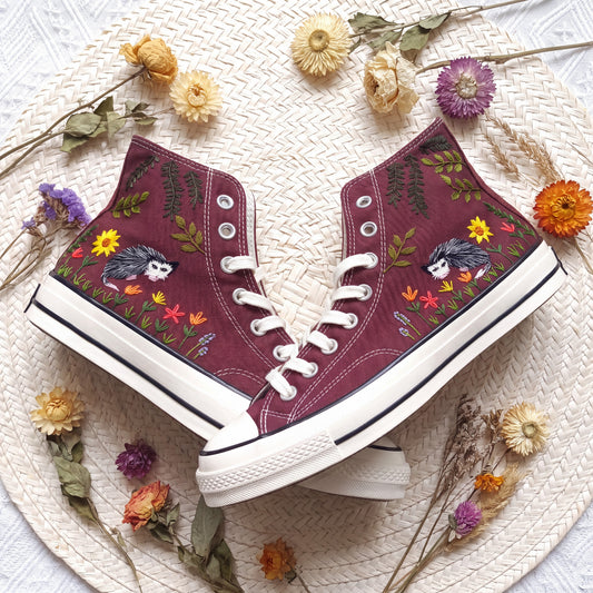 Hand Embroidered Opossum Converse High Top Sneakers | Custom Burgundy Woodland Converse Shoes | Personalized Nature Gift