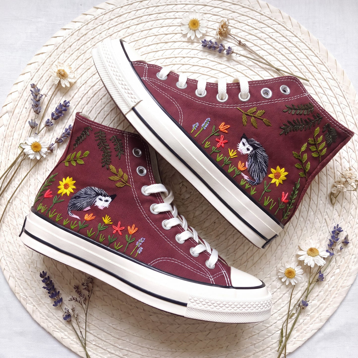 Hand Embroidered Opossum Converse High Top Sneakers | Custom Burgundy Woodland Converse Shoes | Personalized Nature Gift