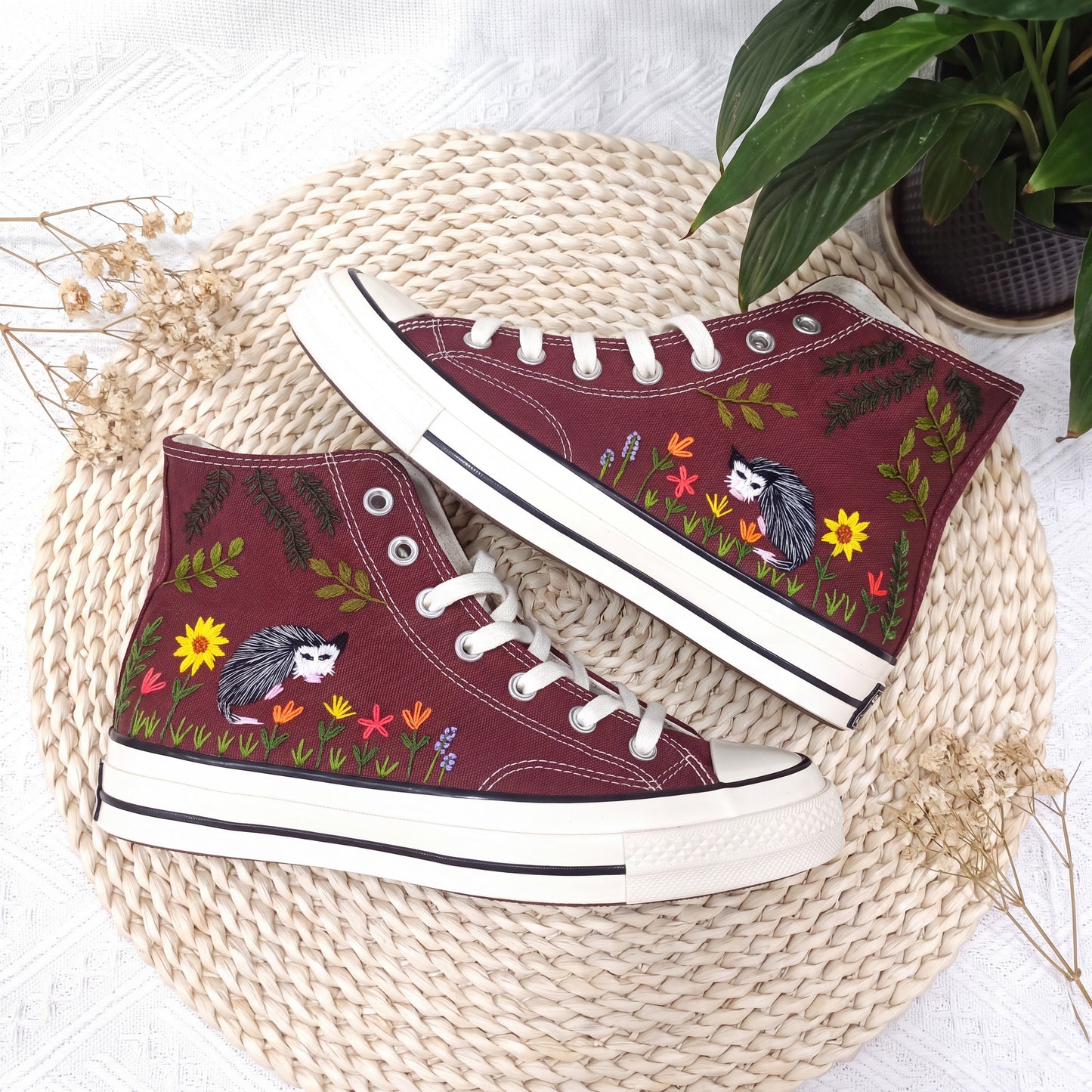 Hand Embroidered Opossum Converse High Top Sneakers | Custom Burgundy Woodland Converse Shoes | Personalized Nature Gift