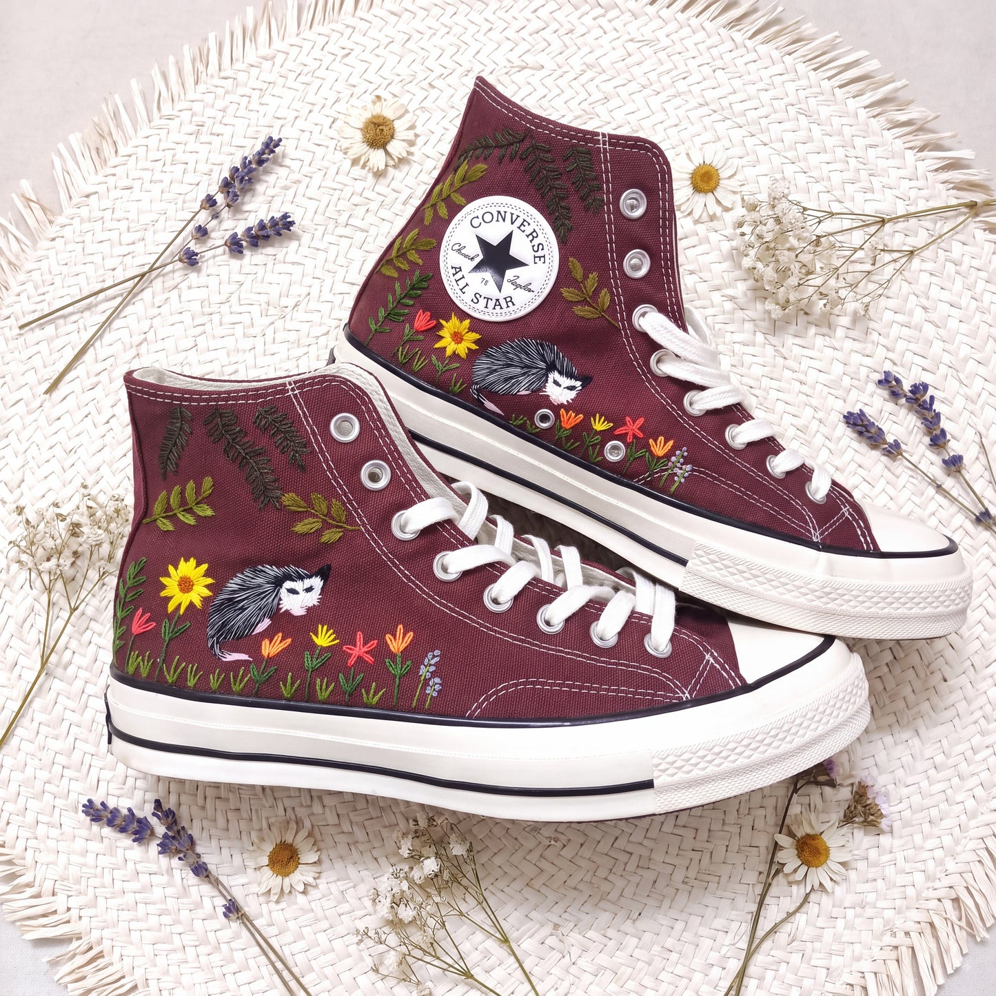 Hand Embroidered Opossum Converse High Top Sneakers | Custom Burgundy Woodland Converse Shoes | Personalized Nature Gift