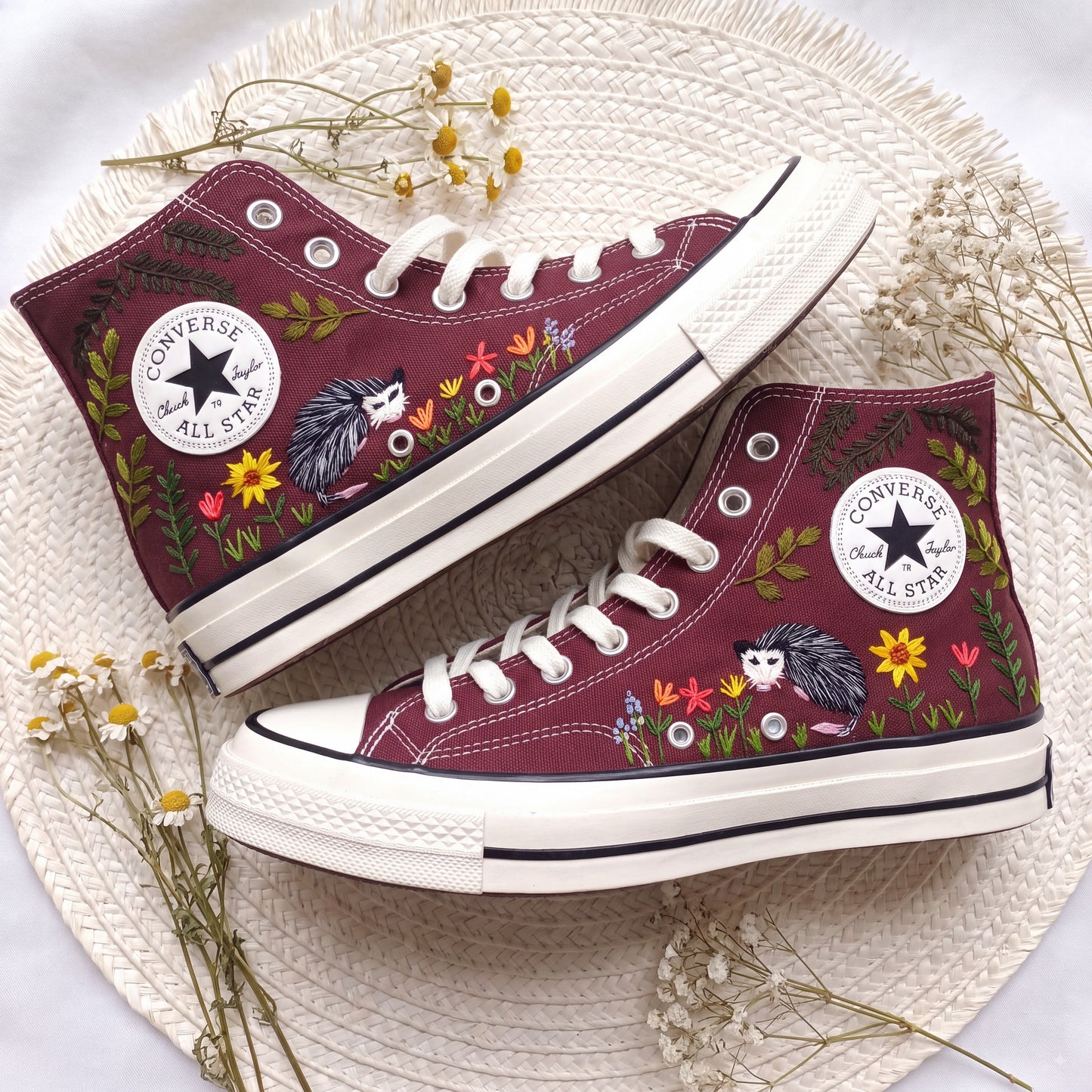Hand Embroidered Opossum Converse High Top Sneakers | Custom Burgundy Woodland Converse Shoes | Personalized Nature Gift