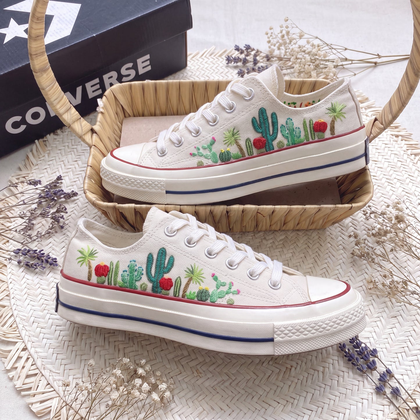 Hand Embroidered Cactus Converse Shoes | White Low Top Canvas Sneakers | Desert Botanical Shoes | Handmade Gift for Women