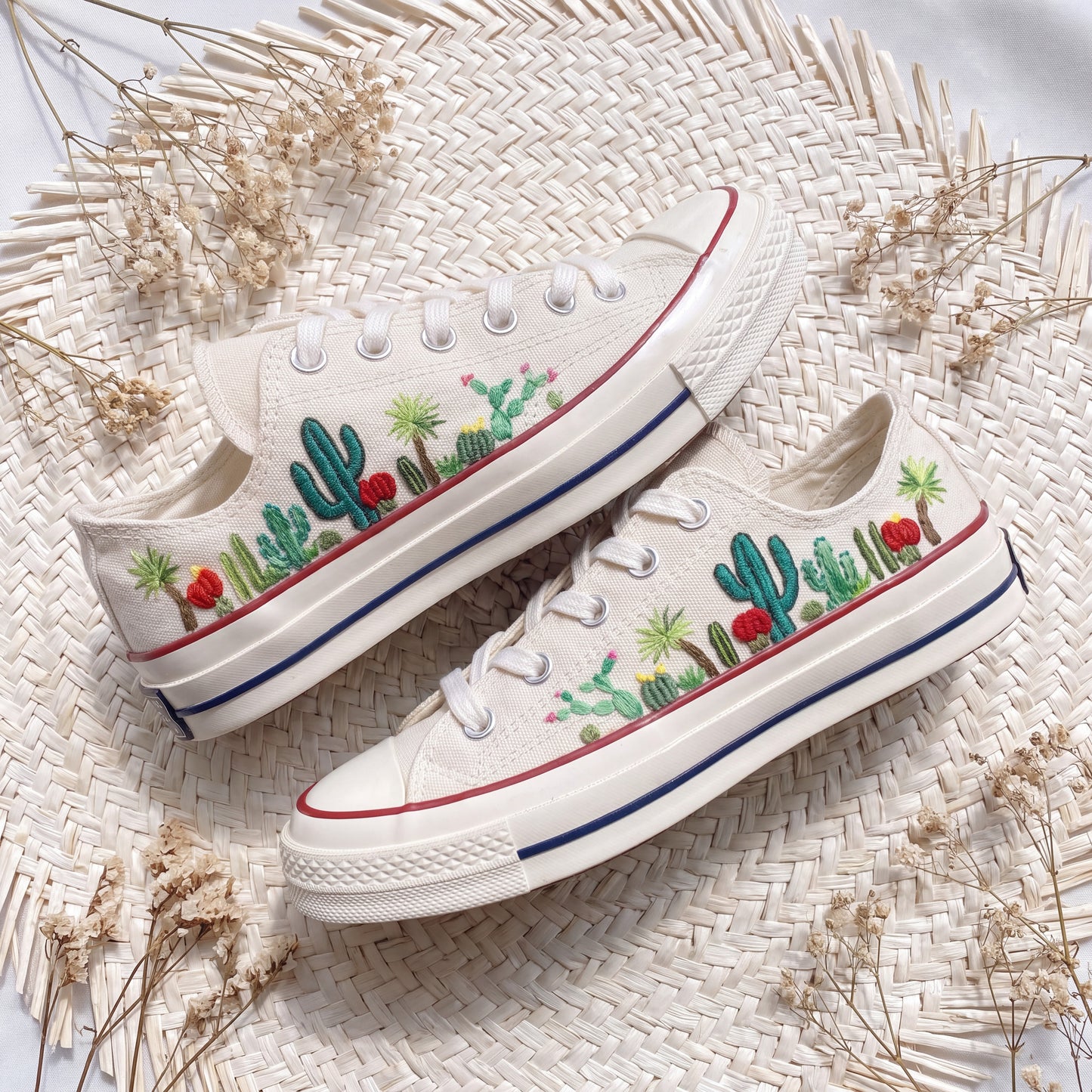 Hand Embroidered Cactus Converse Shoes | White Low Top Canvas Sneakers | Desert Botanical Shoes | Handmade Gift for Women