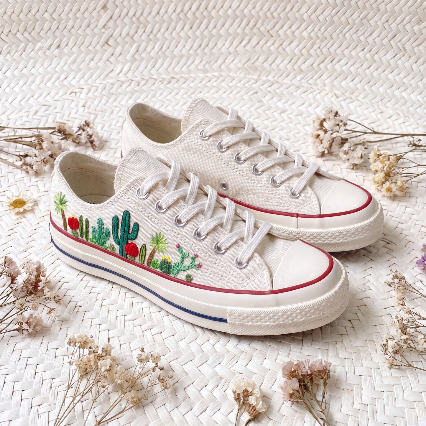 Hand Embroidered Cactus Converse Shoes | White Low Top Canvas Sneakers | Desert Botanical Shoes | Handmade Gift for Women