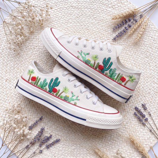 Hand Embroidered Cactus Converse Shoes | White Low Top Canvas Sneakers | Desert Botanical Shoes | Handmade Gift for Women