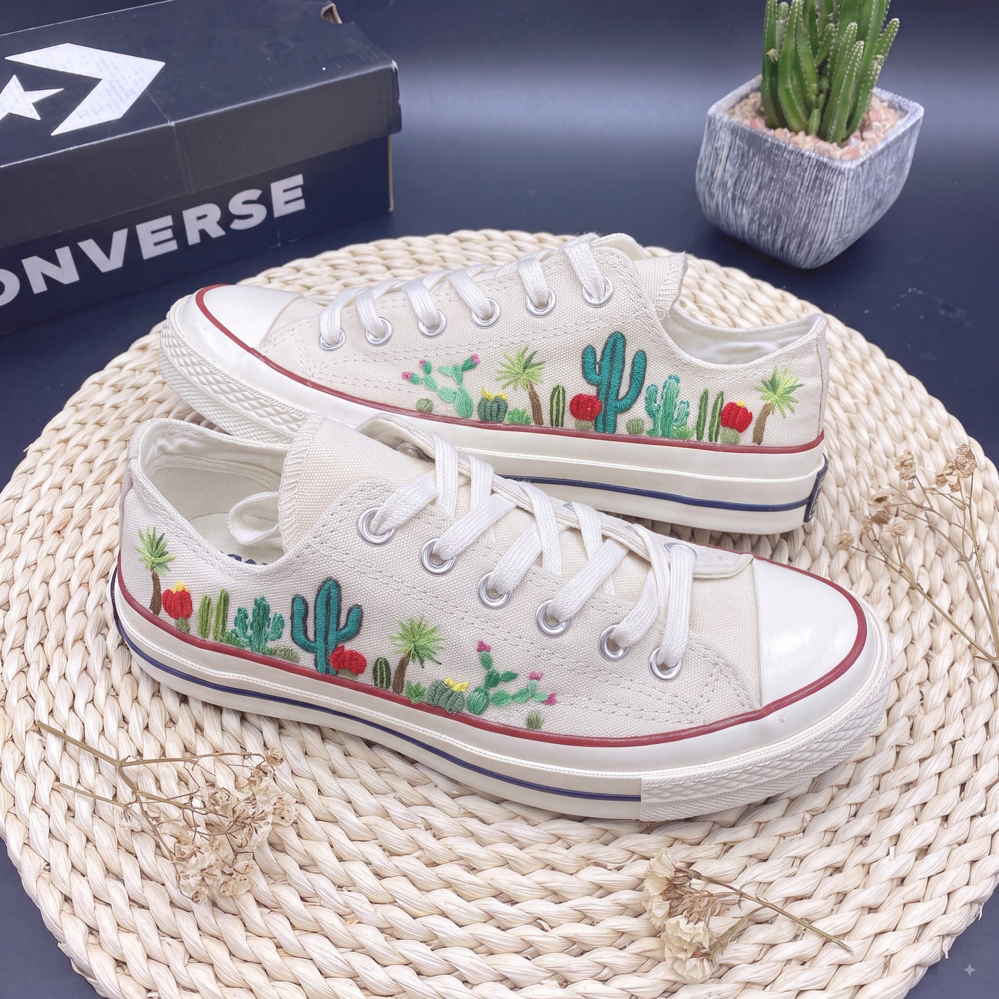 Hand Embroidered Cactus Converse Shoes | White Low Top Canvas Sneakers | Desert Botanical Shoes | Handmade Gift for Women