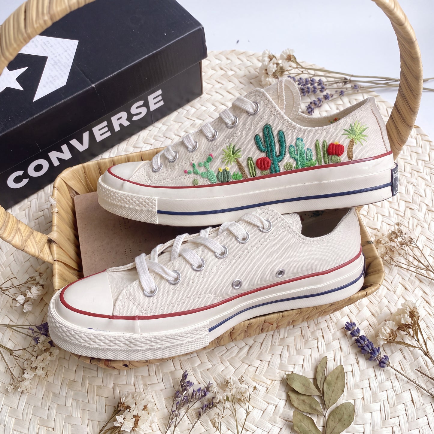 Hand Embroidered Cactus Converse Shoes | White Low Top Canvas Sneakers | Desert Botanical Shoes | Handmade Gift for Women