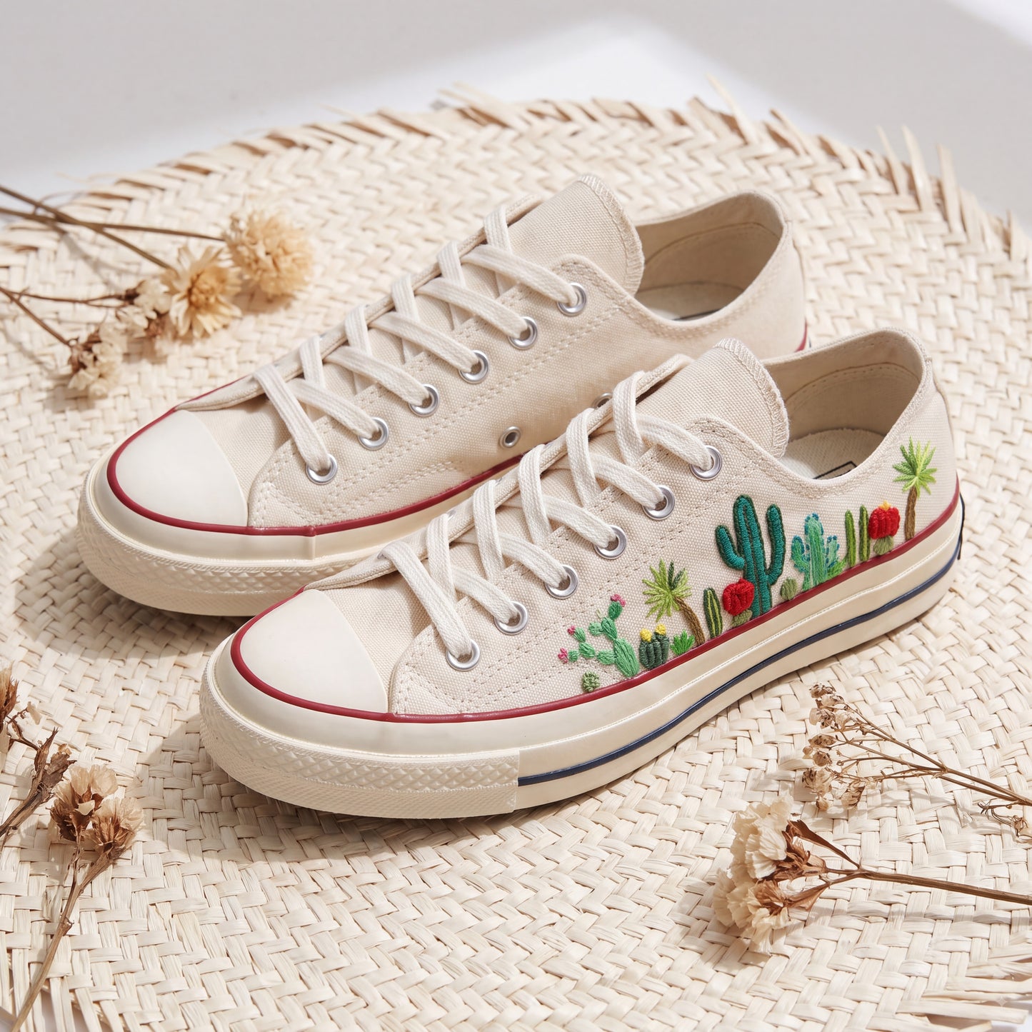 Hand Embroidered Cactus Converse Shoes | White Low Top Canvas Sneakers | Desert Botanical Shoes | Handmade Gift for Women
