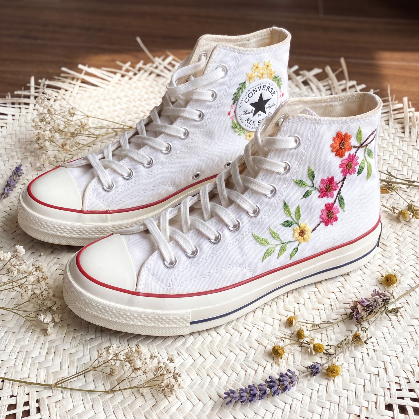 Hand Embroidered Cherry Blossom Converse High Top Sneakers for Women | Custom Floral Bridal Converse Shoes | Personalized Wedding Gift