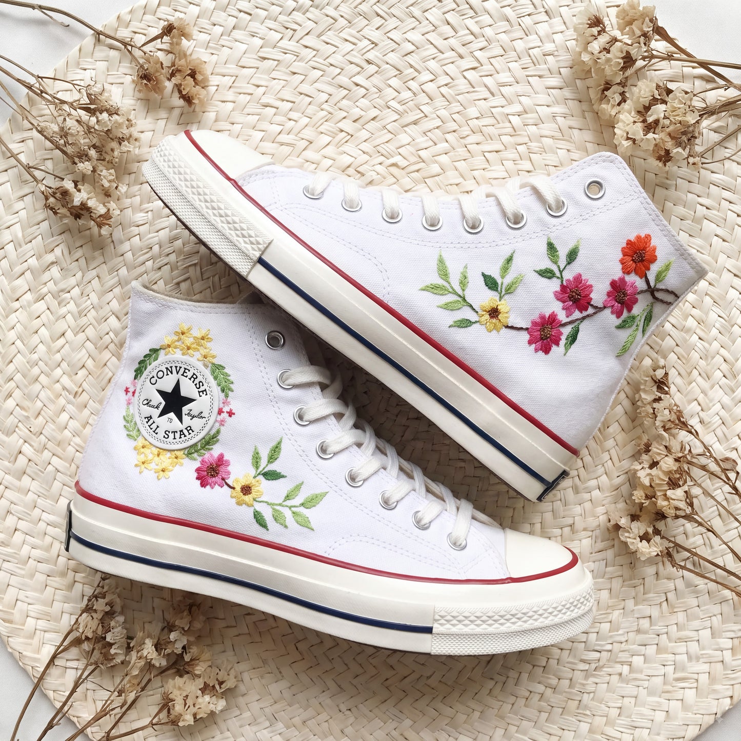 Hand Embroidered Cherry Blossom Converse High Top Sneakers for Women | Custom Floral Bridal Converse Shoes | Personalized Wedding Gift