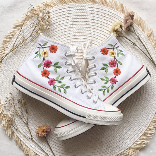 Hand Embroidered Cherry Blossom Converse High Top Sneakers for Women | Custom Floral Bridal Converse Shoes | Personalized Wedding Gift