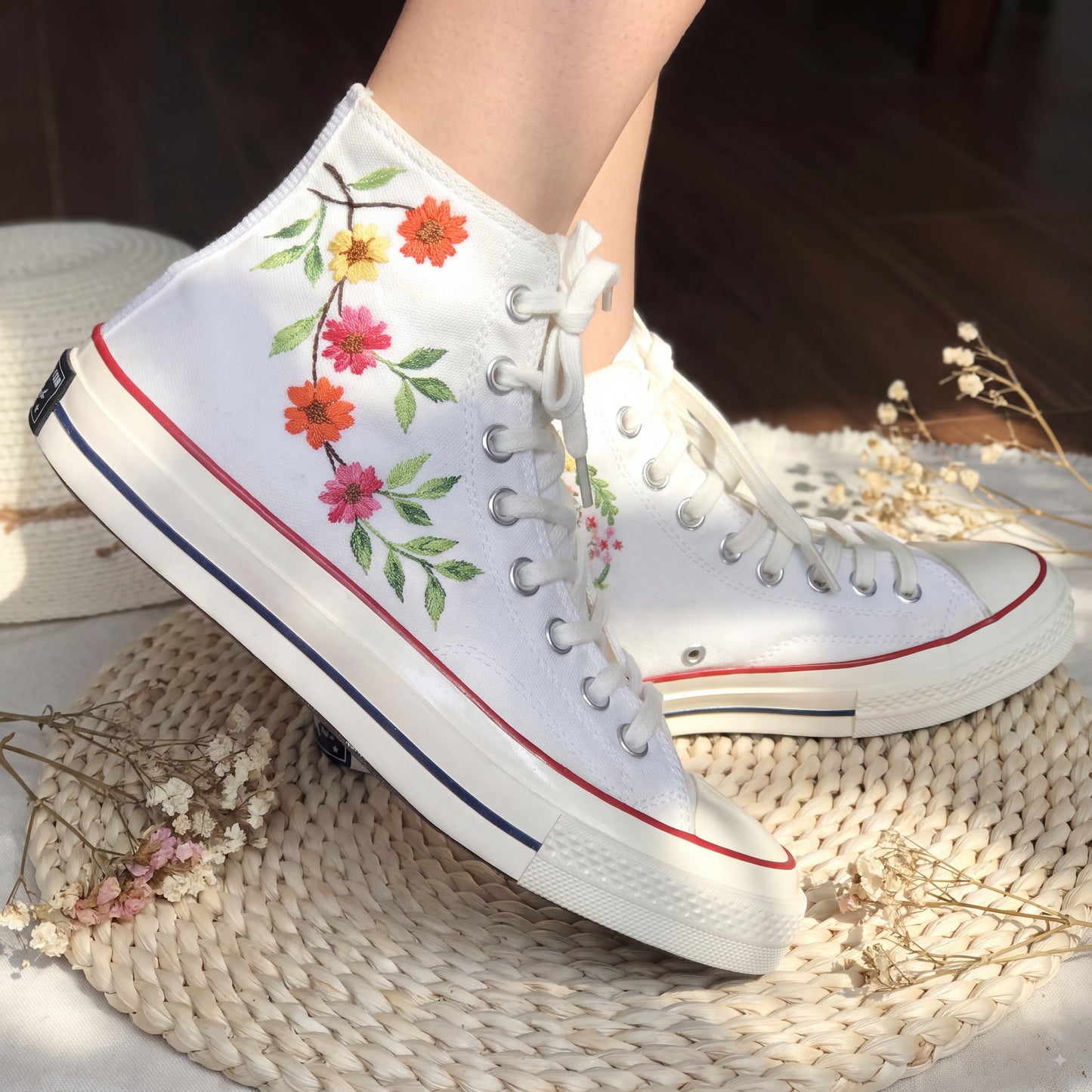 Hand Embroidered Cherry Blossom Converse High Top Sneakers for Women | Custom Floral Bridal Converse Shoes | Personalized Wedding Gift