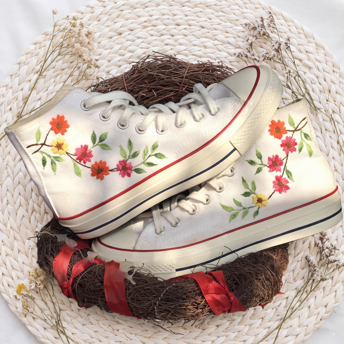 Hand Embroidered Cherry Blossom Converse High Top Sneakers for Women | Custom Floral Bridal Converse Shoes | Personalized Wedding Gift