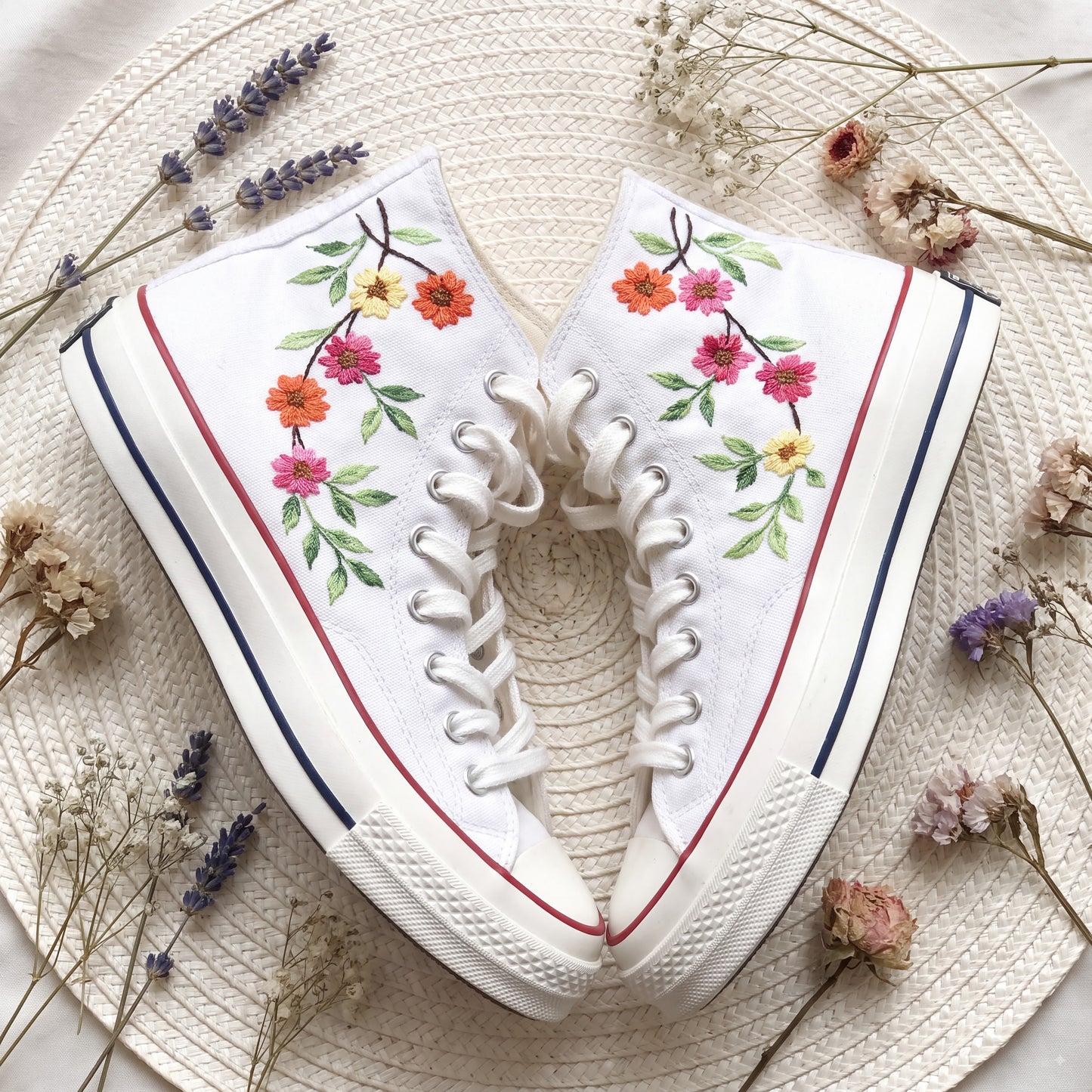 Hand Embroidered Cherry Blossom Converse High Top Sneakers for Women | Custom Floral Bridal Converse Shoes | Personalized Wedding Gift