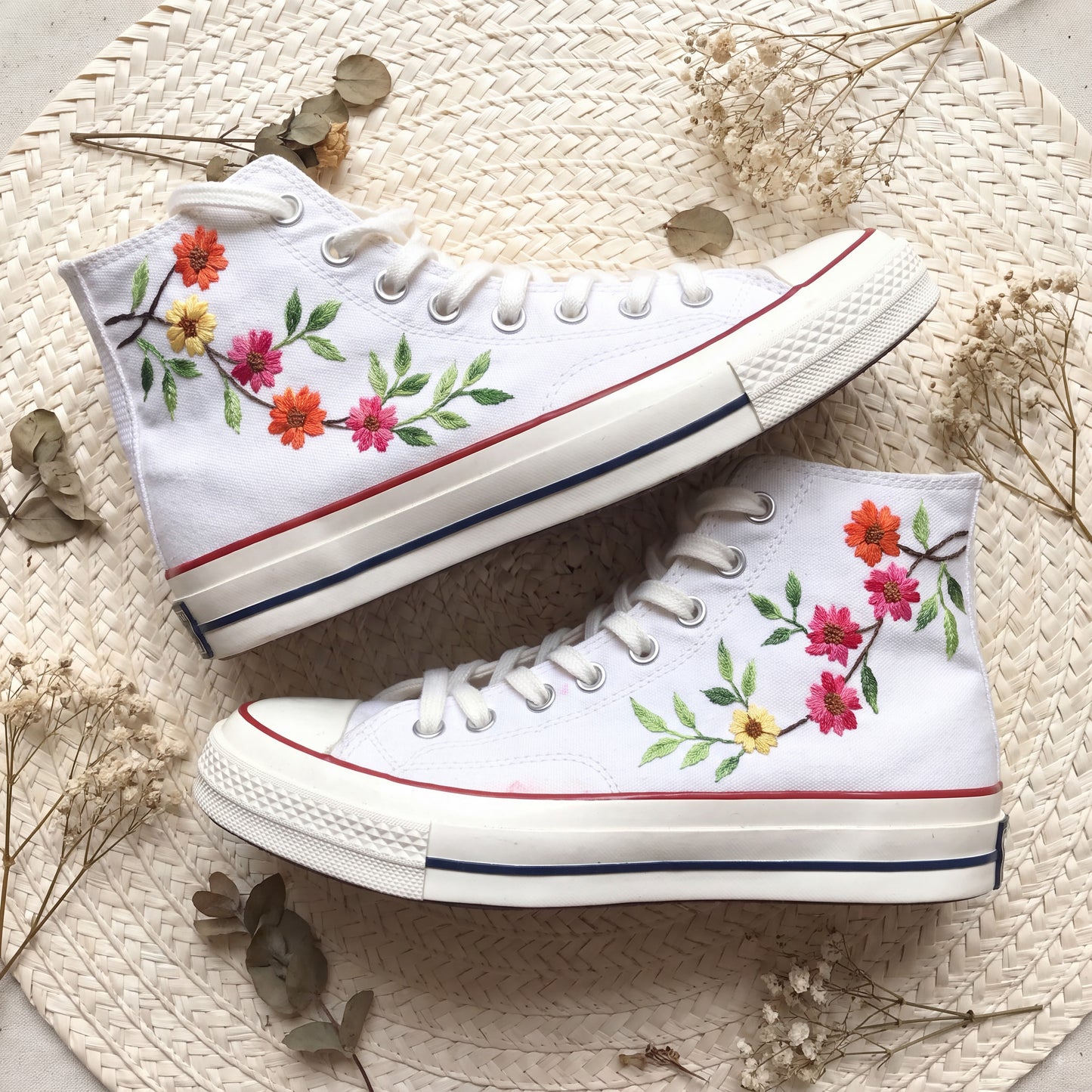 Hand Embroidered Cherry Blossom Converse High Top Sneakers for Women | Custom Floral Bridal Converse Shoes | Personalized Wedding Gift