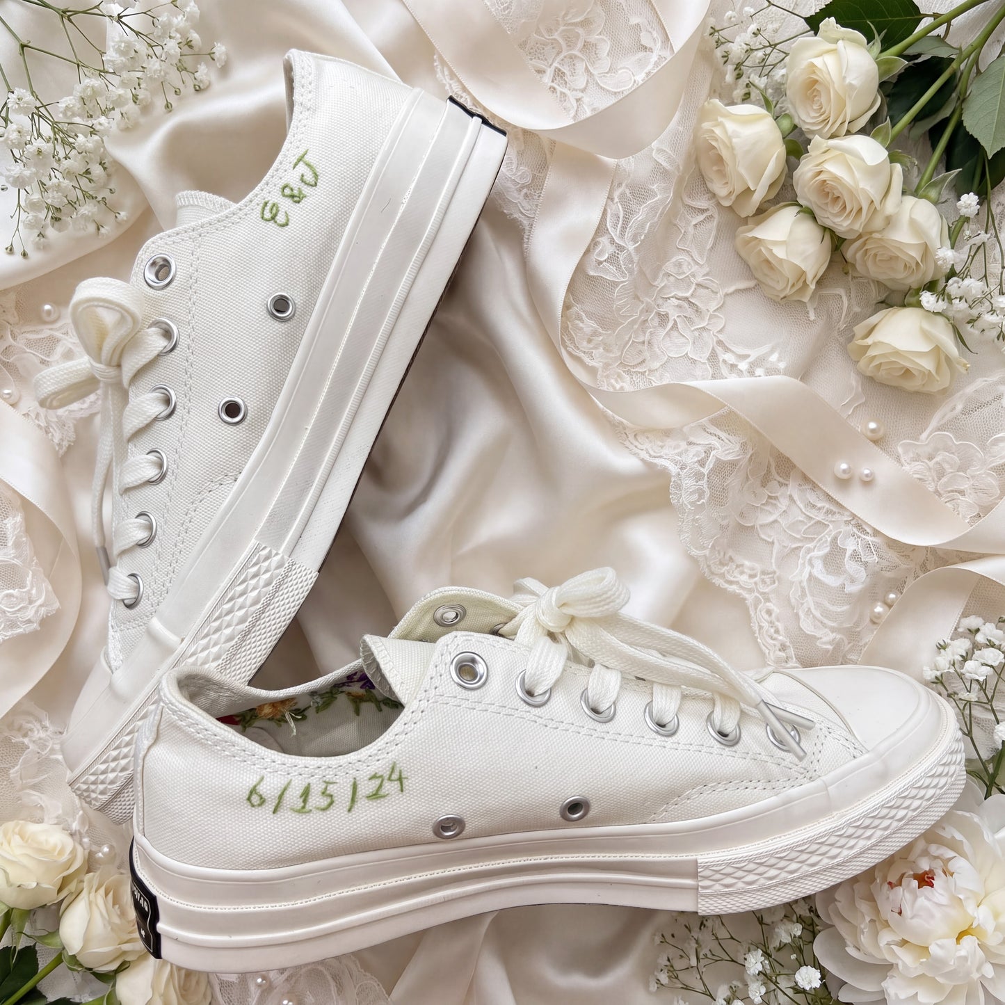 Hand Embroidered Bridal Converse Shoes | Custom Colorful Wildflower Wedding Sneakers | Personalized White Converse Gift for Bride