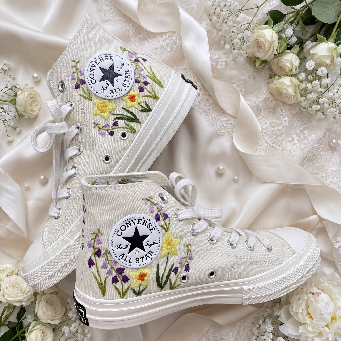 Hand Embroidered Bridal Converse Shoes | Custom Daffodil & Lavender Wedding Sneakers | Personalized White Converse Gift for Bride