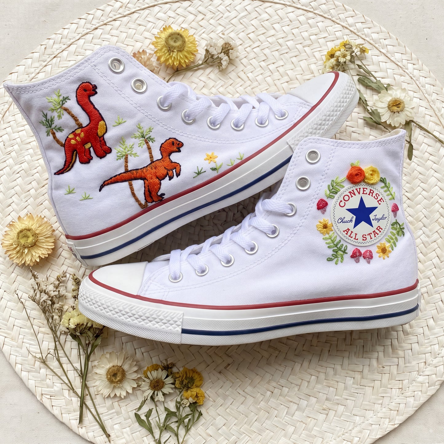 Hand Embroidered Dinosaur Converse High Top Sneakers | Custom White Converse Shoes | Personalized Kids Gift | Handmade Embroidered Shoes