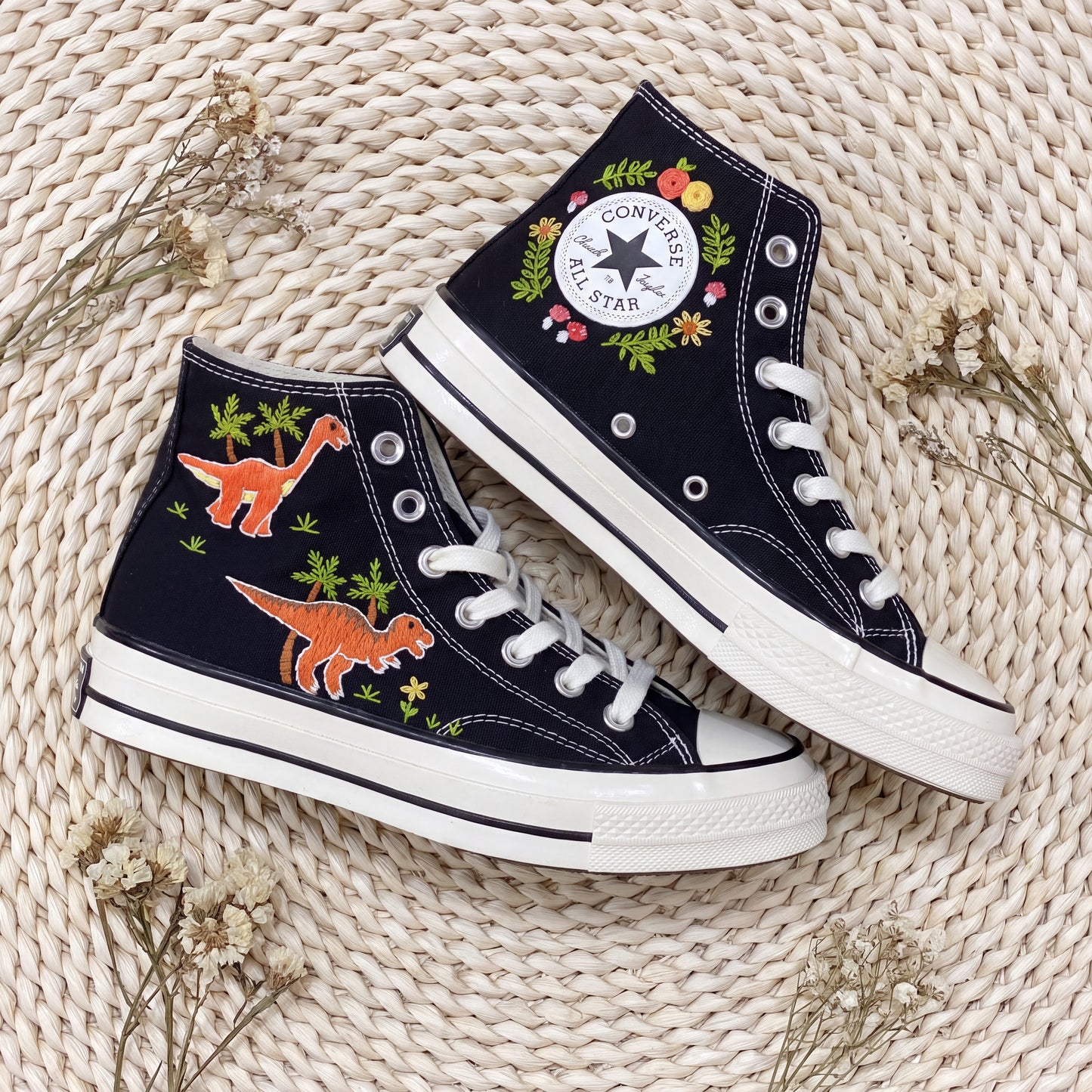 Hand Embroidered Dinosaur Converse High Top Sneakers | Custom Black Converse Shoes | Personalized Kids Dinosaur Gift
