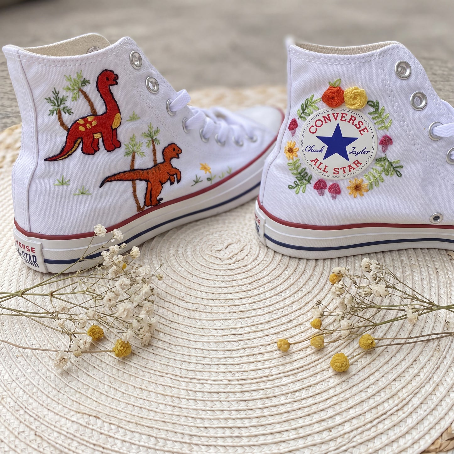 Hand Embroidered Dinosaur Converse High Top Sneakers | Custom White Converse Shoes | Personalized Kids Gift | Handmade Embroidered Shoes