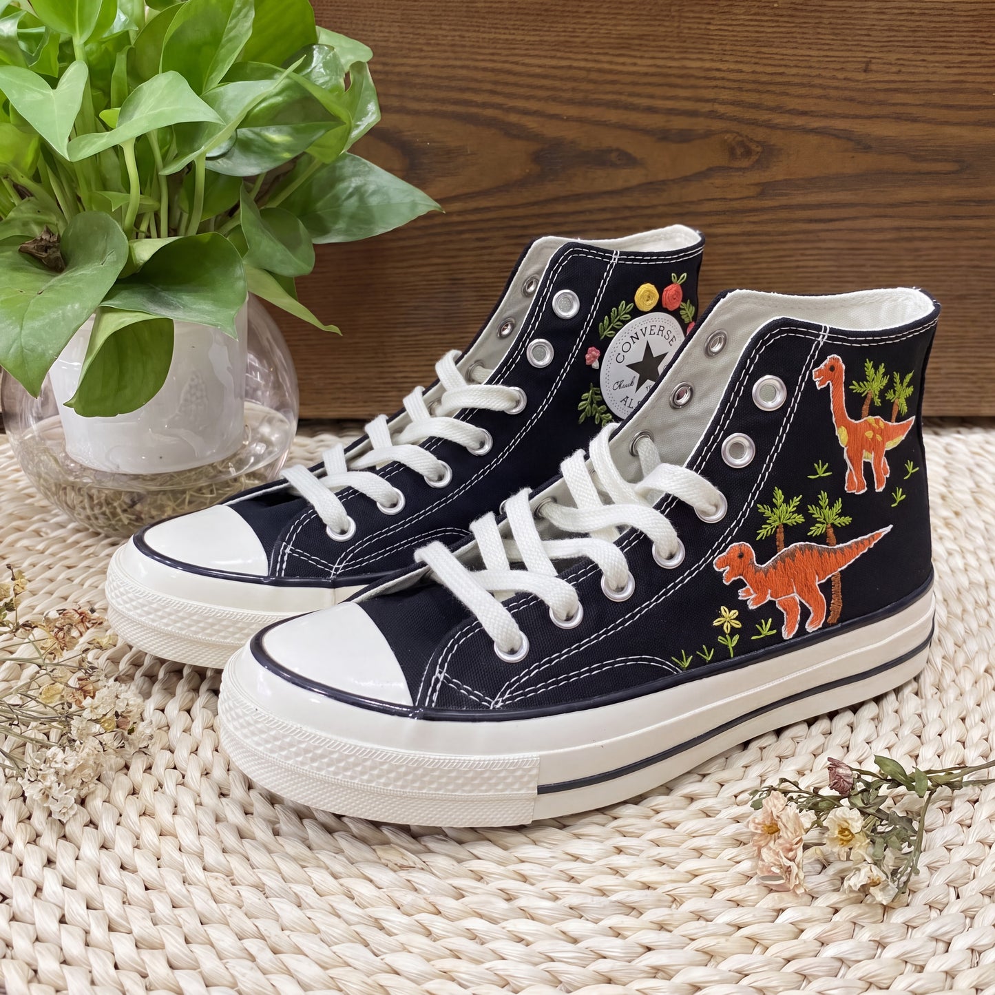 Hand Embroidered Dinosaur Converse High Top Sneakers | Custom Black Converse Shoes | Personalized Kids Dinosaur Gift
