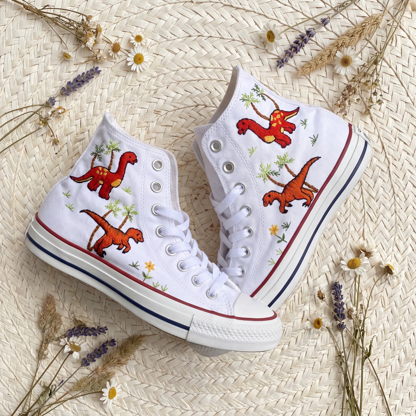 Hand Embroidered Dinosaur Converse High Top Sneakers | Custom White Converse Shoes | Personalized Kids Gift | Handmade Embroidered Shoes