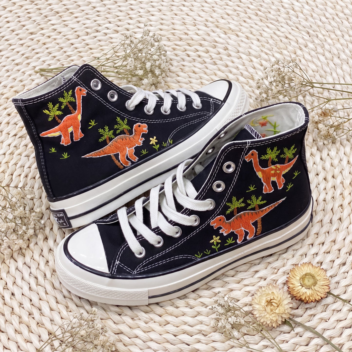 Hand Embroidered Dinosaur Converse High Top Sneakers | Custom Black Converse Shoes | Personalized Kids Dinosaur Gift