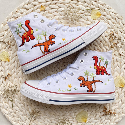 Hand Embroidered Dinosaur Converse High Top Sneakers | Custom White Converse Shoes | Personalized Kids Gift | Handmade Embroidered Shoes