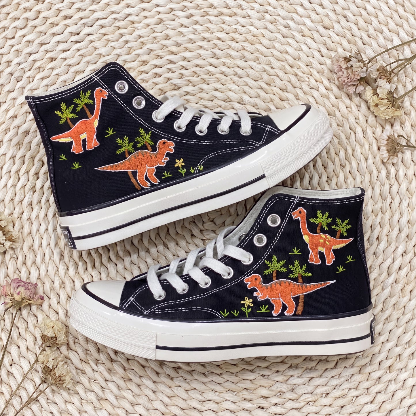 Hand Embroidered Dinosaur Converse High Top Sneakers | Custom Black Converse Shoes | Personalized Kids Dinosaur Gift